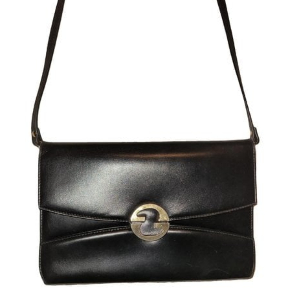 Gucci GG INTERLOCKING 1973 BLACK LEATHER CROSSBODY BAG CLUTCH AUTHENTIC VINTAGE